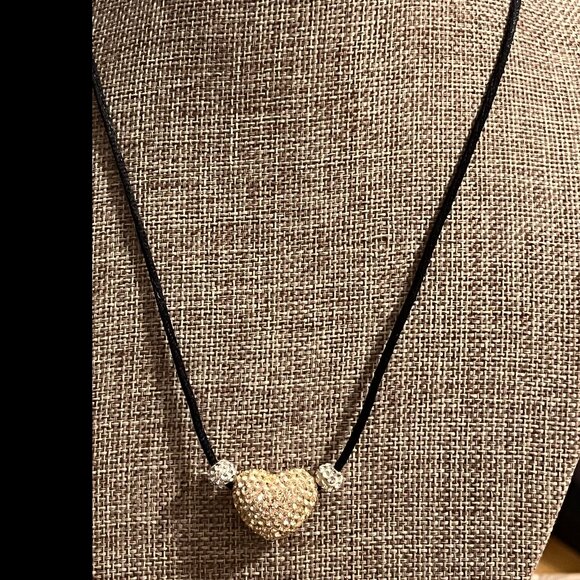 Pink/Peach Rhinestone Heart necklace on Black Rope Chain - Picture 4 of 5